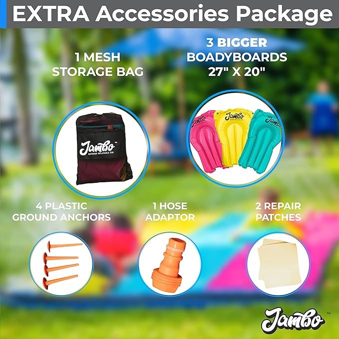 JAMBO XL 20Ft Premium Slip Splash and Slide with 3 Bodyboards, Heavy Duty Water Slide- Advanced 3-Way Water Sprinkler System, Backyard Waterslide Outdoor Water Toys n Slides for Kids Splash Pad