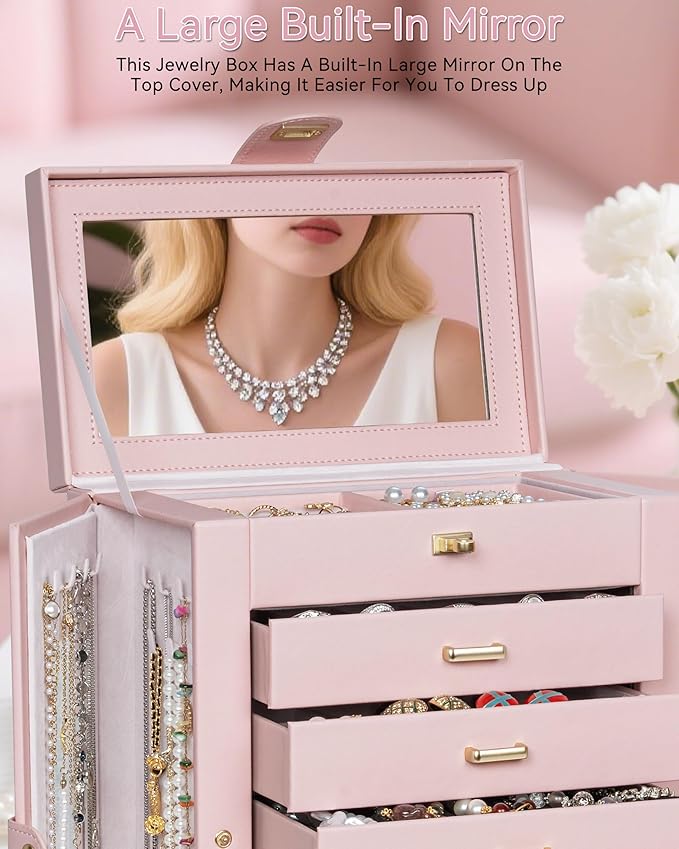 AKOZLIN 360° Rotating Jewelry Box 6-Tier Organizer Functional Jewelry Storage Case for Women Girls Ring Necklace Earring Bracelet Holder with Mirror Pink