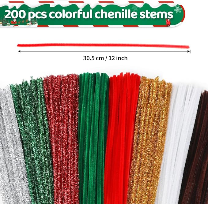 Eppingwin 200pcs Pipe Cleaners, 8 Colors Pipe Cleaners Craft Supplies, Chenille Stems for DIY Arts Crafts Project (Christmas Colors)