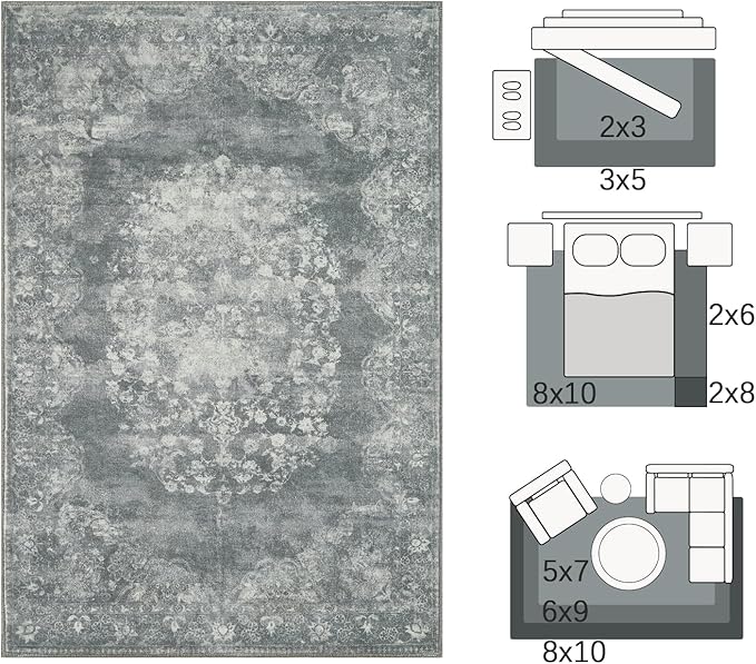 jinchan Washable Area Rug 8x10 for Living Room - Soft Faux Wool Ultra-Thin Stain Resistant Non-Slip Distressed Vintage Floral Large Carpet for Bedroom,Dining Room,Home Office,Nursery(Grey, 8'x10')