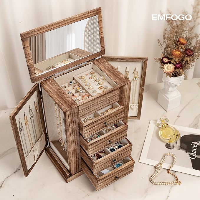 Jewelry Box for Women, 5 Layer Large Wood Boxes & Organizers for Necklaces Earrings Rings Bracelets, Rustic Organizer with Drawers and Mirror(Carbonized Black)