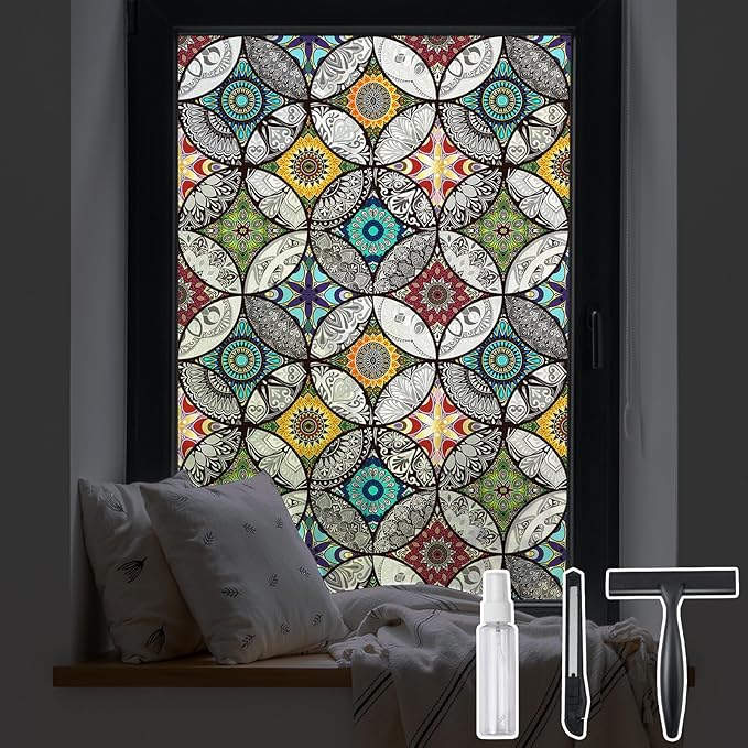 DKTIE Boho Chic Window Privacy Film with Installation Tools - Soften Light, Reduce UV Rays, Decorative Stained Glass Window Tinting Film for Home, 35.4 x 78.7Inch