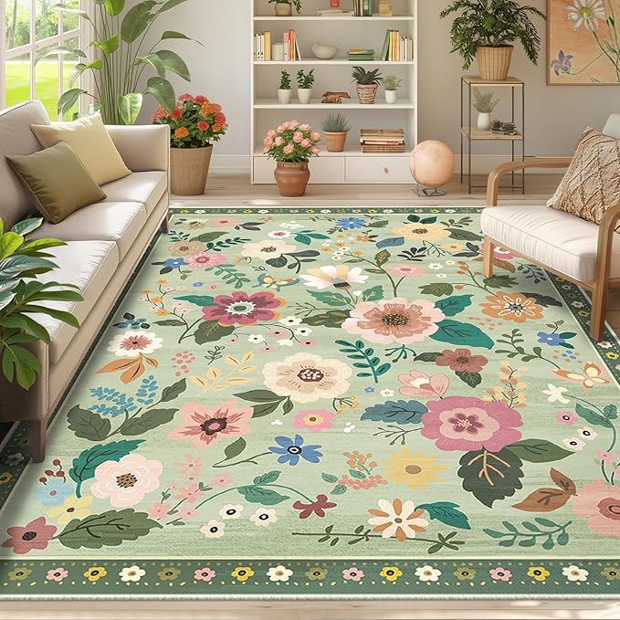 Floral 8x10 Area Rug Machine Washable Soft Print Boho Carpet Non Slip Doormat Low Pile Flower Area Rugs for Living Room Bedroom Nursery Kitchen Dining Room Indoor-Light Green