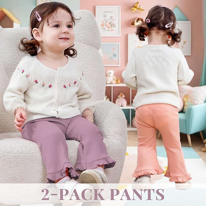 Neutocd Toddler Baby Girl 2-Pack Pants Bell Bottom Infant Baby Girl Solid Ribbed Cotton Leggings