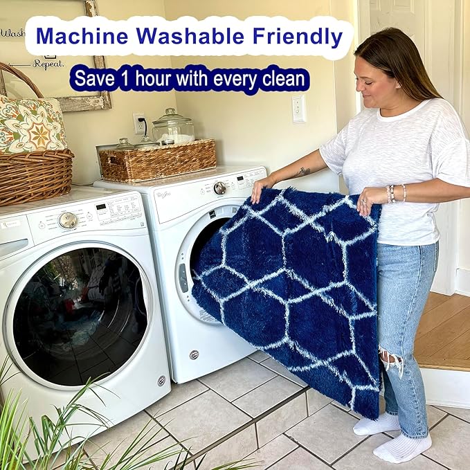 ONASAR Area Rugs for Bedroom Living Room, Washable 4x6 Fluffy Navy Blue and White Throw Rug for Home Decor, Geometric Soft Shaggy Plush Floor Carpet for Kids Girls Boys Teen Nursery Dorm Office