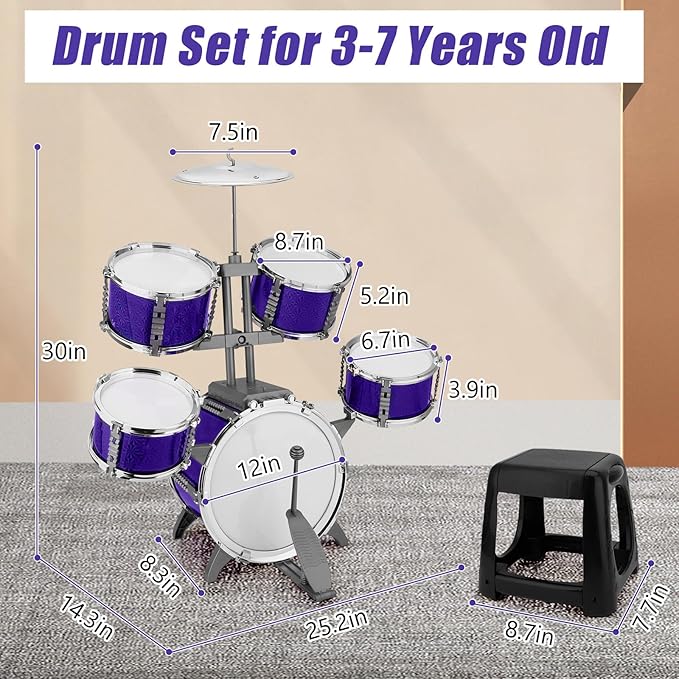 Kids Jazz Drum Set Rock Kit Toys for 3-7 Year Olds - 5 Piece Toddler Band Musical Instrument Educational Percussion Birthday Playset