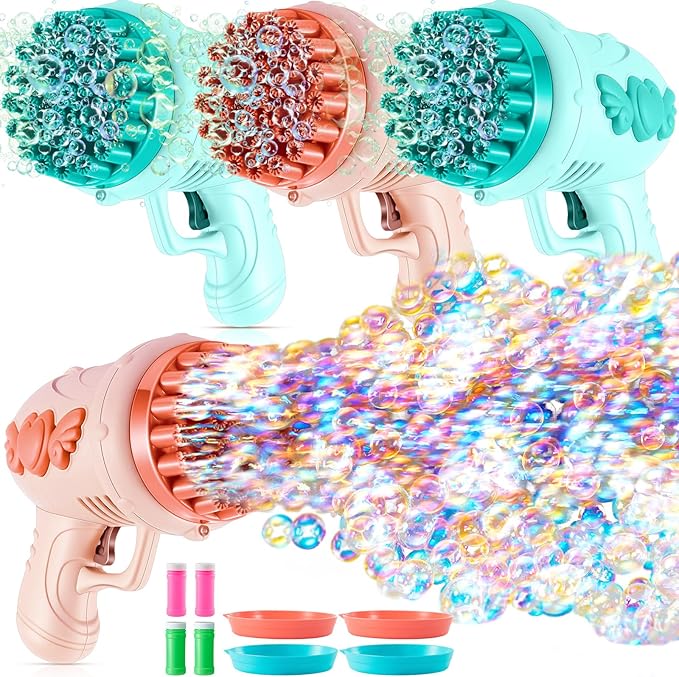 ShinyRelief 4 Pack Wedding Bubble Guns 32 Holes with Light, 4 Bottles Solution, Romantic Bubble Maker for Outdoor Ceremony, Wedding Party Favors, Photo Props, Reception Entertainment(Green and Pink)