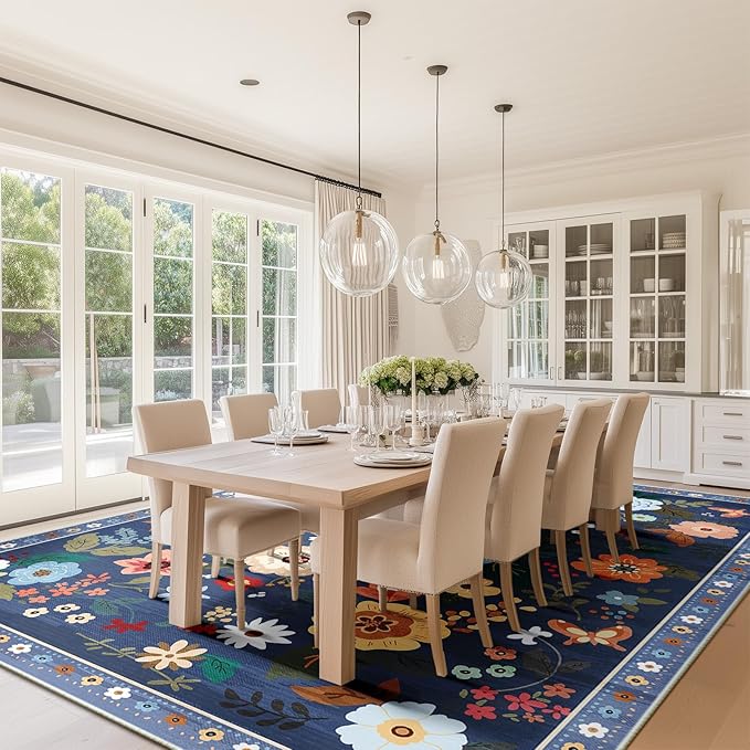 Floral 8x10 Area Rug Machine Washable Soft Print Boho Carpet Non Slip Doormat Low Pile Flower Area Rugs for Living Room Bedroom Nursery Kitchen Dining Room Indoor-Blue/Grey