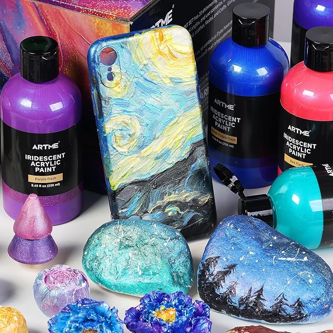 ARTME Iridescent Acrylic Paint Set, 20 Chameleon Colors in 8.45 oz/250ml Bottles, Large Bulk Color-shifting Acrylic Paint Perfect for Artists, Beginners on Canvas, Rocks, Wood, Fabric with Paint Knife