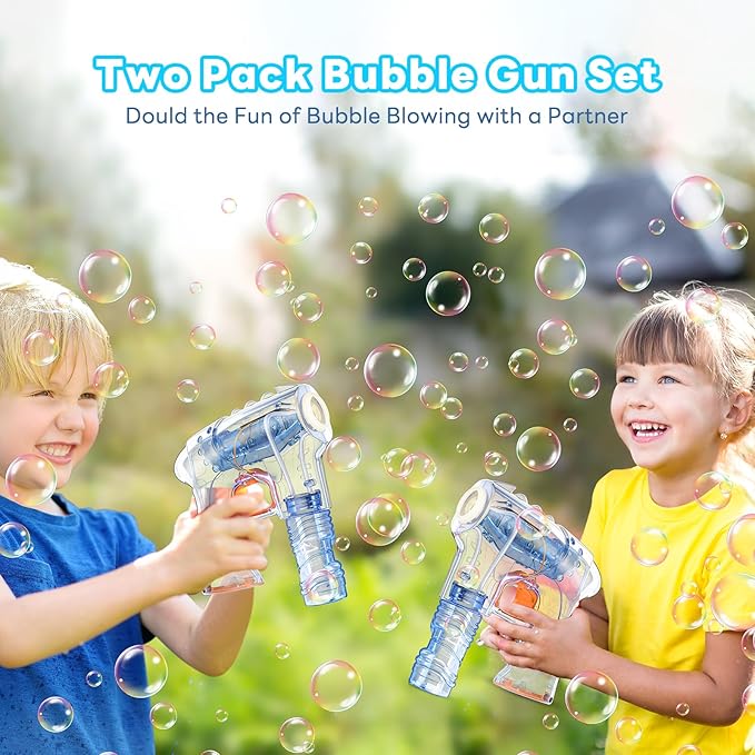 Kid Odyssey 2 Pack Bubble Gun with 4 Refill Solution and 3 Colorful LED Light, Bubble Machine for Kids, Bubble Maker for Party Favors, Birthday Gift, Indoor Outdoor Toys for Toddlers