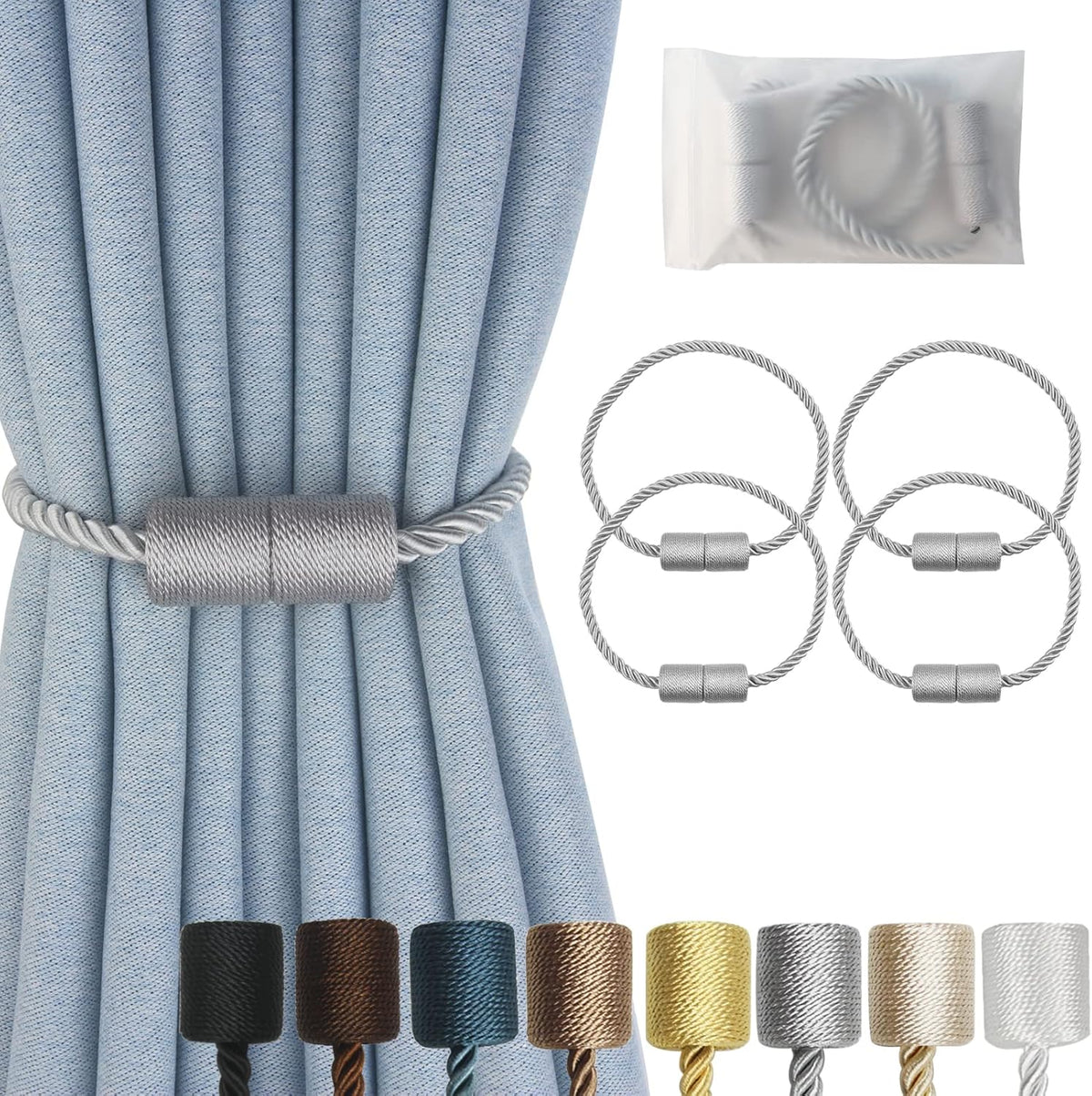 Magnetic Curtain Tiebacks 4 Pack Grey Curtain Rope Tieback Curtain Holders for Drapes Modern Tie Backs Decorative Curtain Holdbacks