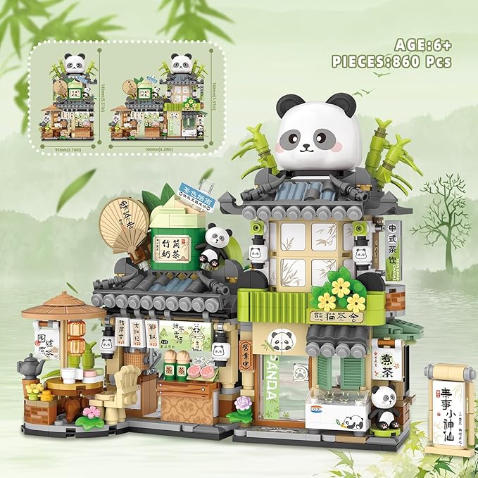 Street View Tea Shop Mini Building Blocks, MOC Creative Building Toys Cute Panda Animals Building Set for Girls 6-12, Simulation Architecture Construction Toy, Gift Idea for Kids Adults (860PCS)