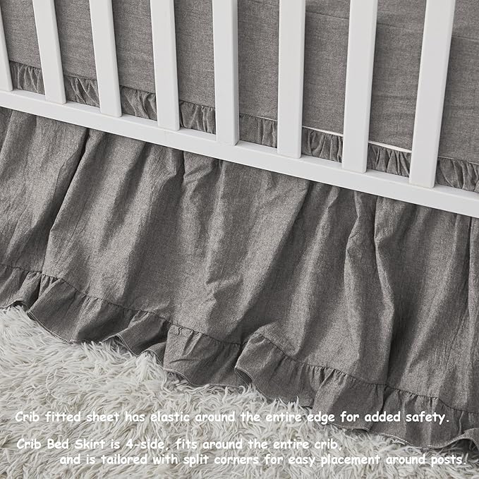 Brandream Baby Crib Bedding Set for Girls Boys Gender Neutral Boho Bohemian Farmhouse Chic Ruffle 6-Piece Nursery Bedding Set - 100% Washed Cotton Gray Grey