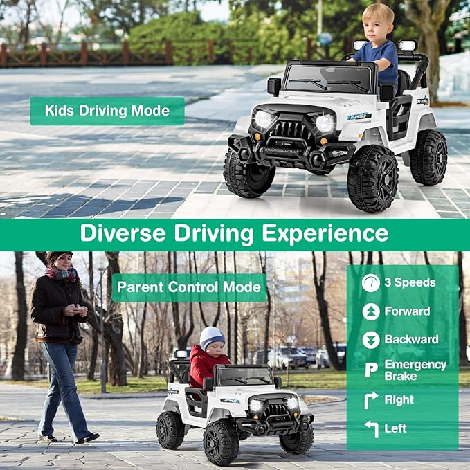 Costzon 12V Kids Ride on Truck Car, Electric Vehicle w/Remote Control, Threaded Wheels, 3 Speeds, LED Lights, Music, Horn & Wireless Connection, Battery Powered Ride on Toy for Boys & Girls 3+ (White)