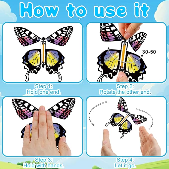 SANYIYIBA 24 Pack Flying Butterfly Craft Kit with 12 Wind Up Butterflies and 12 Color Pens DIY Toys for Kids' Parties School Activities and Parent-Child Fun