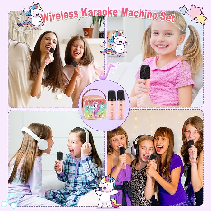 Unicorn Mini Karaoke Machine Toys: Kids Toys Girls Birthday Gifts Age 3-12+ LED Portable Bluetooth Speaker with 2 Wireless Microphone Gift Toy for 4 5 6 7 8 9 Years Old Girl Boy Kid Adult