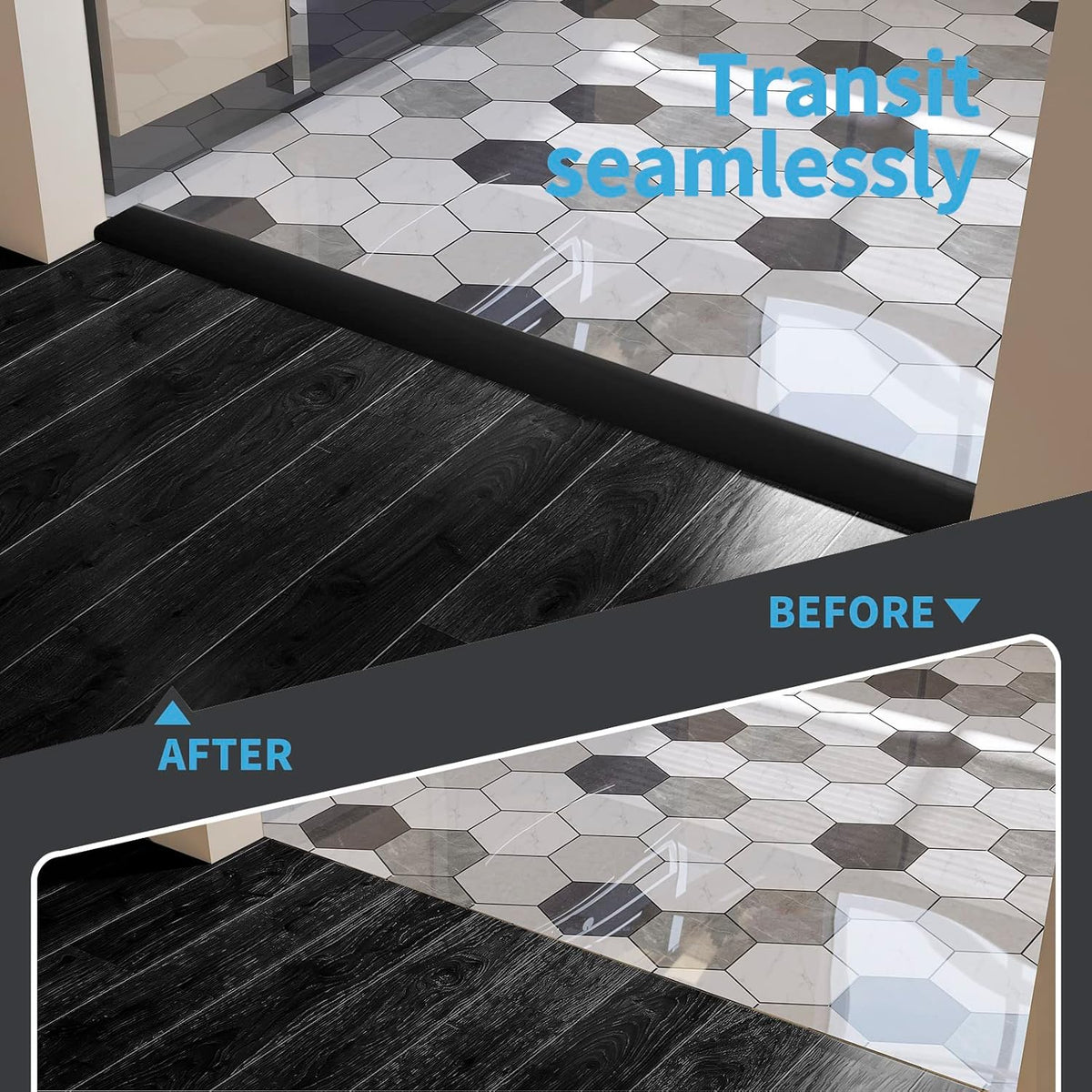 Art3d Self Adhesive Vinyl Floor Transition Strip, Laminate Floor Strip Floor Flat Divider Strip for Joining Floor Gaps, Carpet Threshold Transition, Floor Tiles (10 FT, 1.57in, Black)