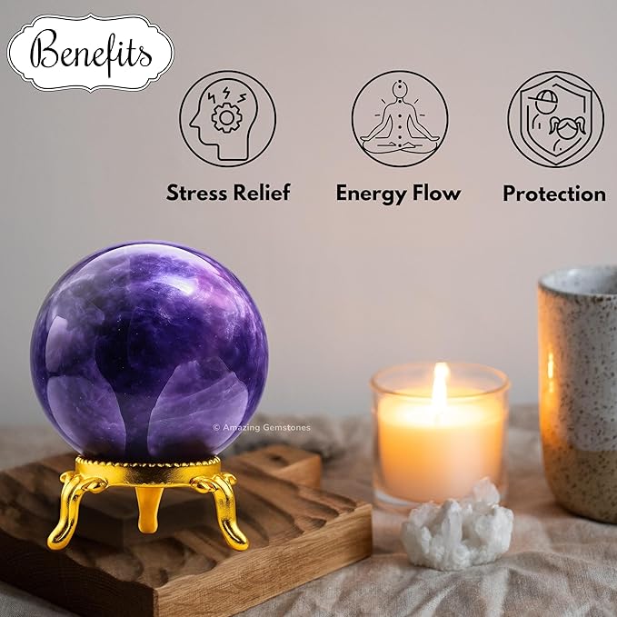 Amazing Gemstone Amethyst Crystal Ball with Stand - 2" Inches Crystal Sphere Meditation Balls for Witchcraft and Decorative Balls