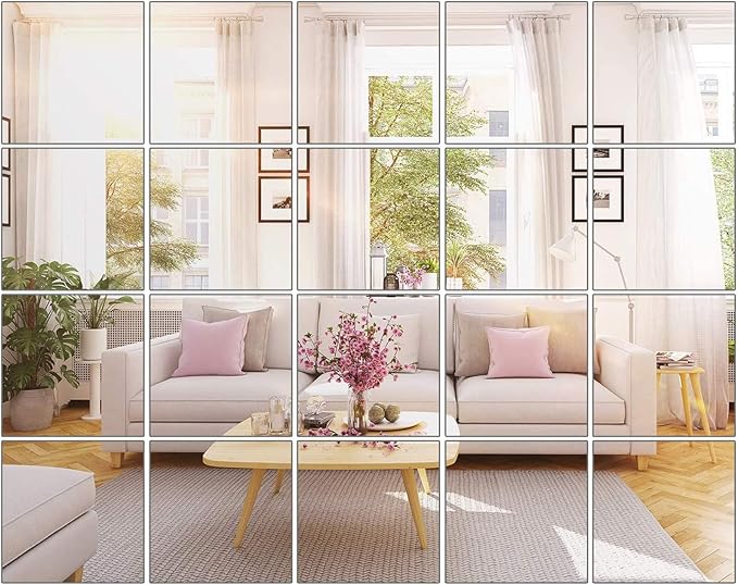 BBTO 20 Pcs Mirror Sheets, 8''x 8'' Self Adhesive Non Glass Cut to Size Mirror Stickers Tiles, Safe Unbreakable Plastic Small Frameless for Classroom, Childroom & DIY Craft