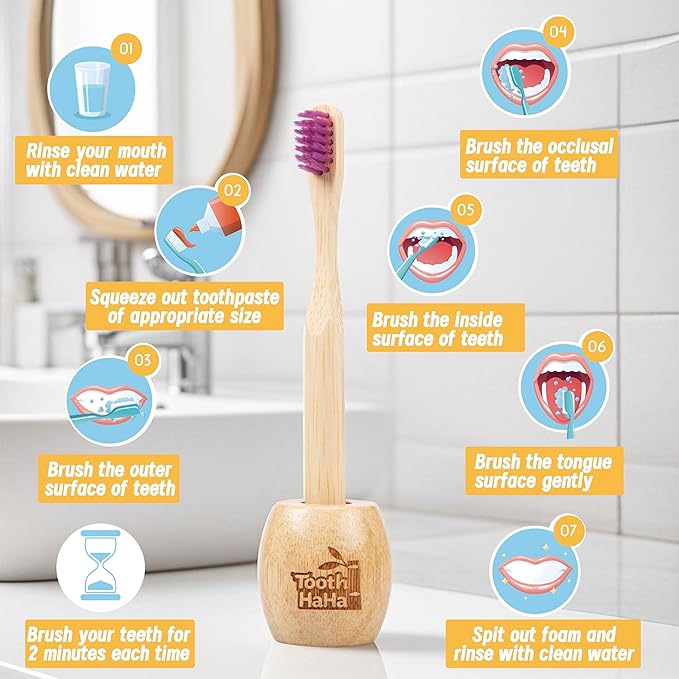 Kids Bamboo Toothbrushes, BPA-Free Soft Bristles, Eco-Friendly Natural Wooden Toddler Toothbrush, 6-Pack Travel Toothbrushes Set for Children