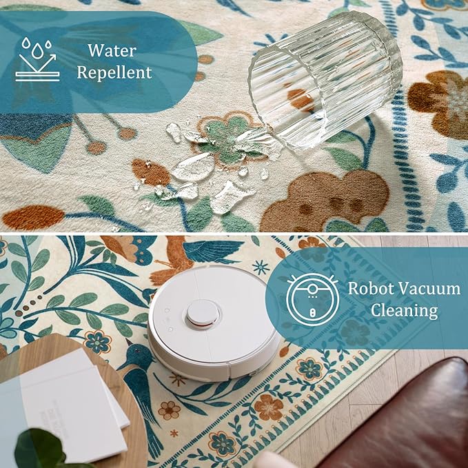 Morebes Washable Floral 8x10 Area Rugs for Living Room, Soft Insect Rug for Bedroom Non Slip, Ultra-Thin Distressed Birds Indoor Floor Throw Carpet for Classroom Playroom Farmhouse, Beige/Multi