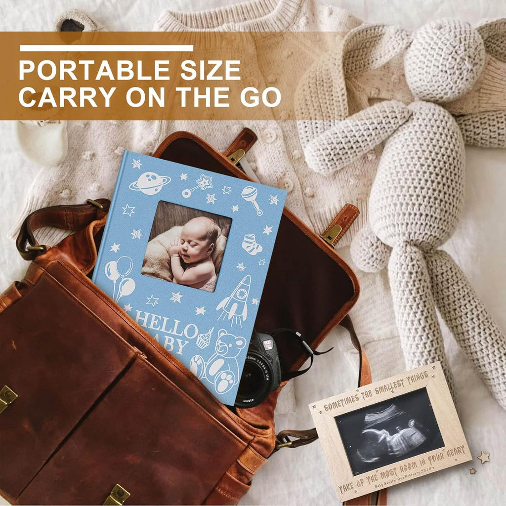 Lanpn Baby Photo Album 4x6 100 Pockets 2 Packs, Mini Linen DIY Window Photo Book Newborn Bebe Album Memory Book Sets, Holds 100 Top Loader Vertical Pictures Gift for Kids Boy Girl Baby Shower, Blue
