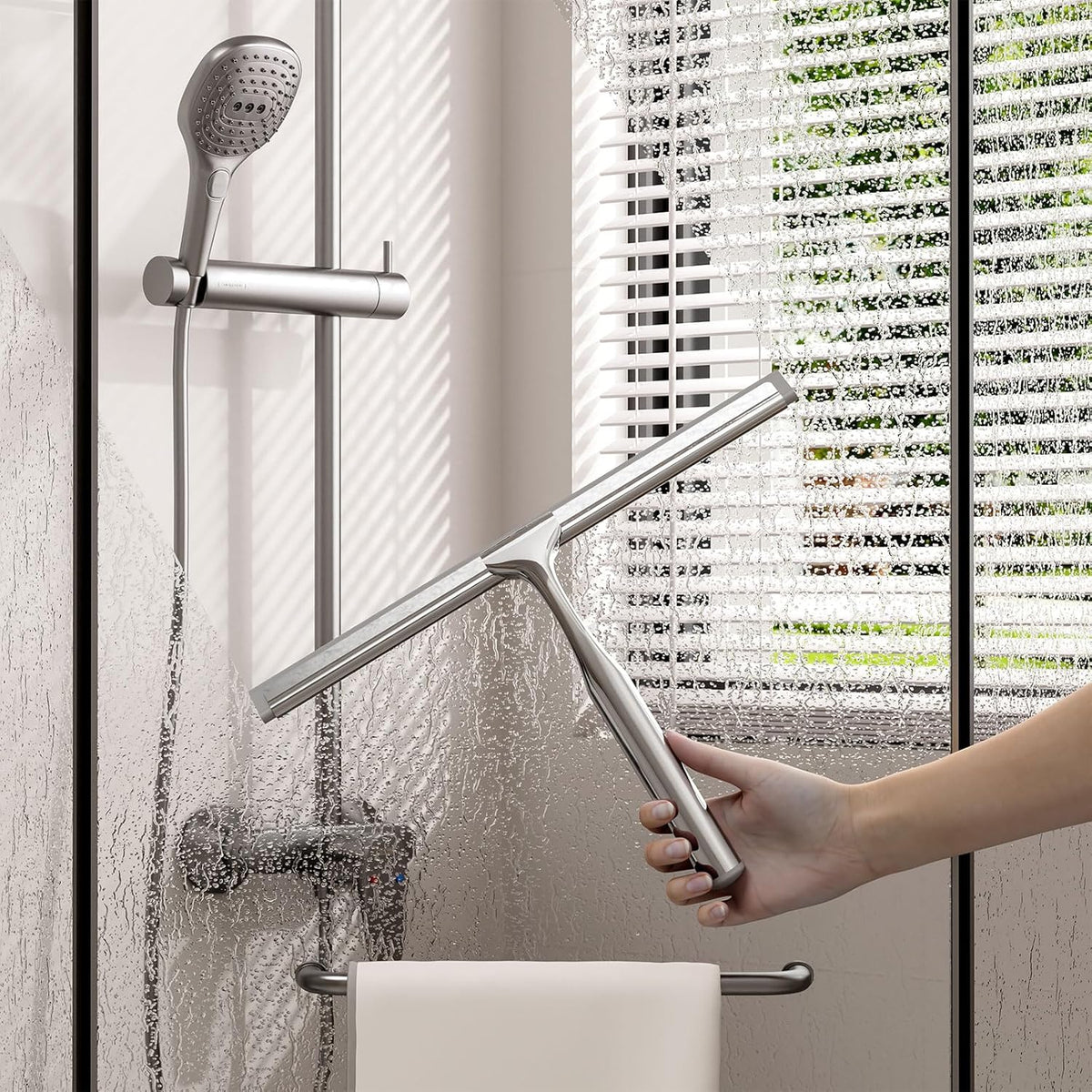 Shower Squeegee for Glass Doors, Stainless Steel Shower Squeegee for Bathroom, Window and Tiles, All-Purpose Squeegee with Adhesive Hook-10”, Chrome