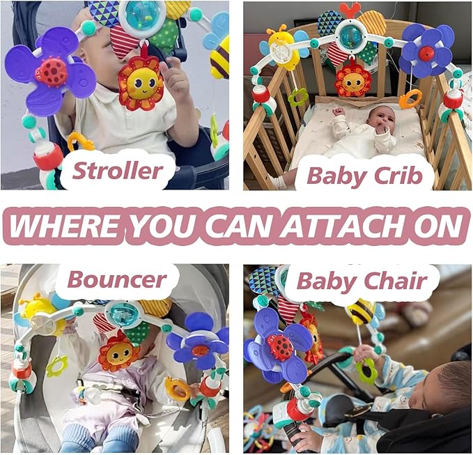 Baby Activity Arch Toy Bar for Stroller, Bassinets and Car Seat, Adjustable Crib Toys Hanging Attachment, Sensory Development Toys with Rattles