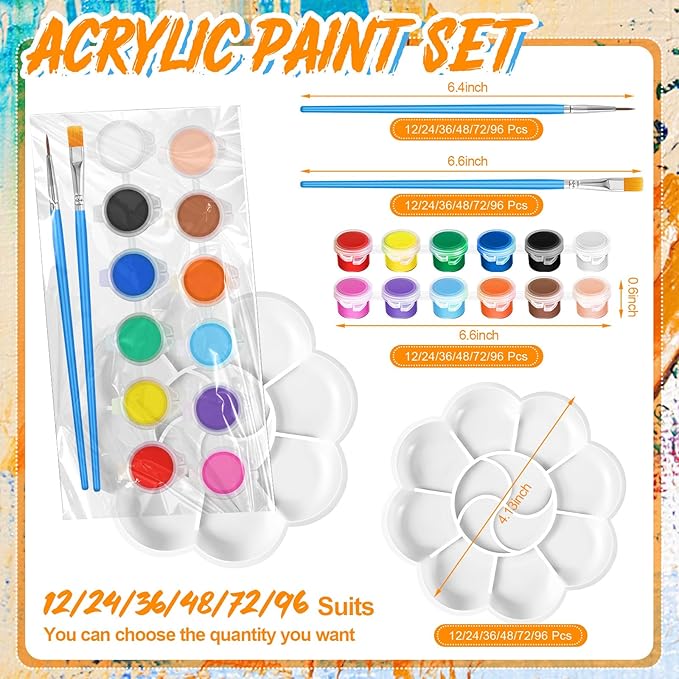 Fulmoon 24 Set Acrylic Paint Kits for Kids Adults Washable Mini Painting Kit Arts Crafts Party Favors Filled Strips Brushes Palettes Bulk for Classroom Home Kit Supplies (Vivid Color)