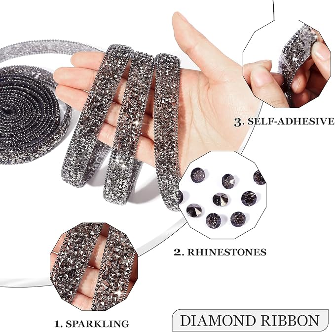 Rhinestone Ribbon 3 Yards Self Adhesive Rhinestone Strips Diamond Ribbon Sticker Crystal Roll Glitter Bling Rhinestones Tape for Crafting DIY Art Decoration (Jet Hematite,0.6 Inch)