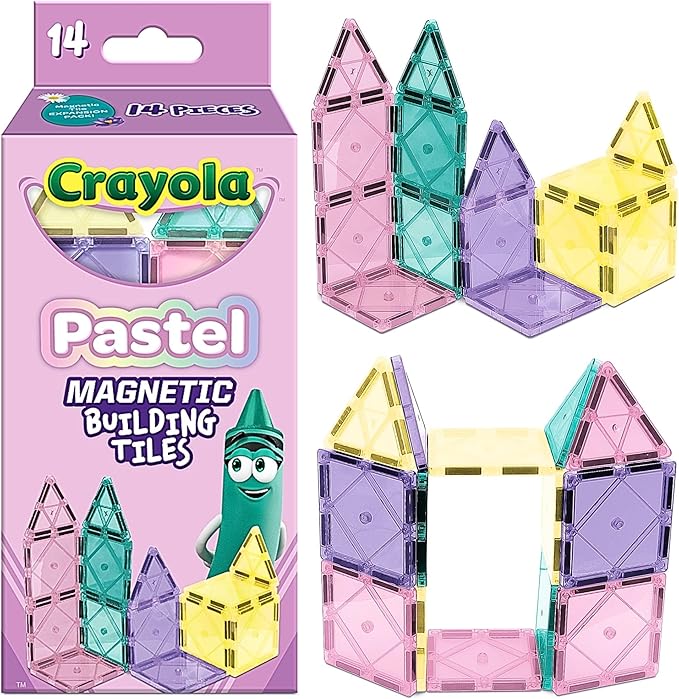 CreateOn Crayola Magnetic Tiles, Building Set for Kids, Magnetic Building Toys for Kids, STEM Travel, Gift for Boys and Girls Ages 3+, 14-Piece Set (Pastel)
