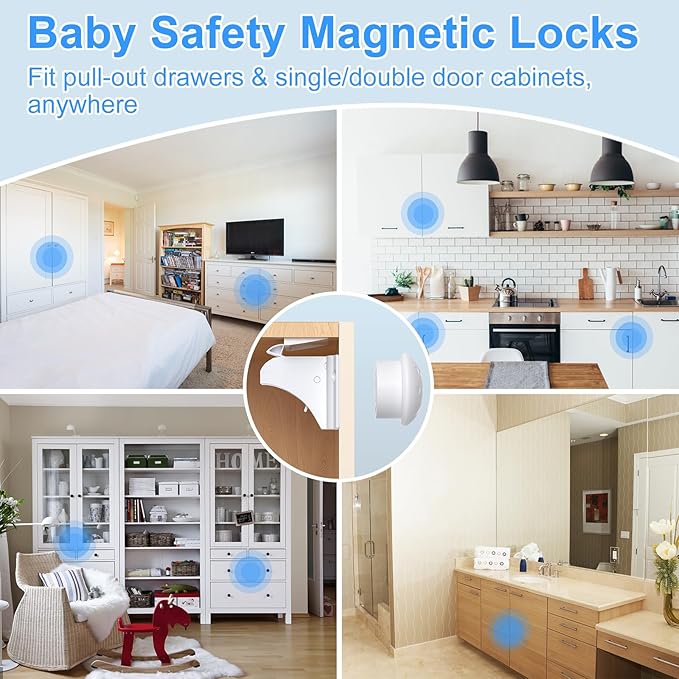 Child Safety Magnetic Cabinet Locks 4 Pack+ Key-AOSITE Baby Proofing Magnetic Drawer Locks for Kitchen with Adhesive No Drilling or Screws Fixed, Baby Safety Cabinet Locks