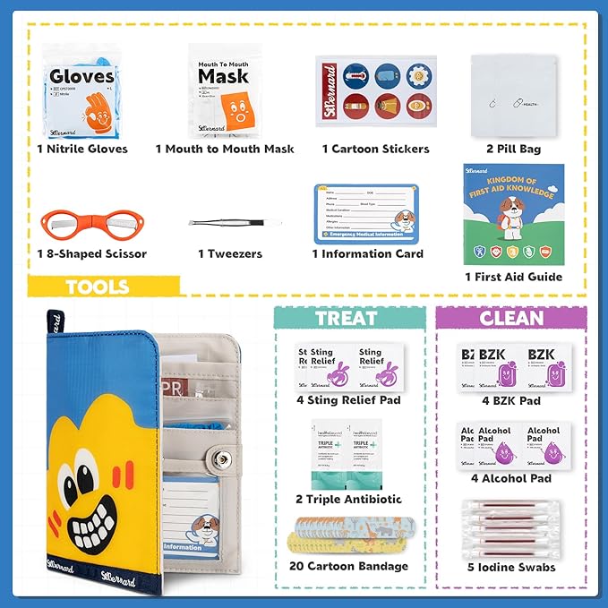 StBernard First Aid Kit for Kids, Small Pocket Size Medical Kit with Cute Bnadages, Tools for Daily Emergencies, Organized Pouch for Toddler & Children, Home, Camping, Travel, Playground (Blue)