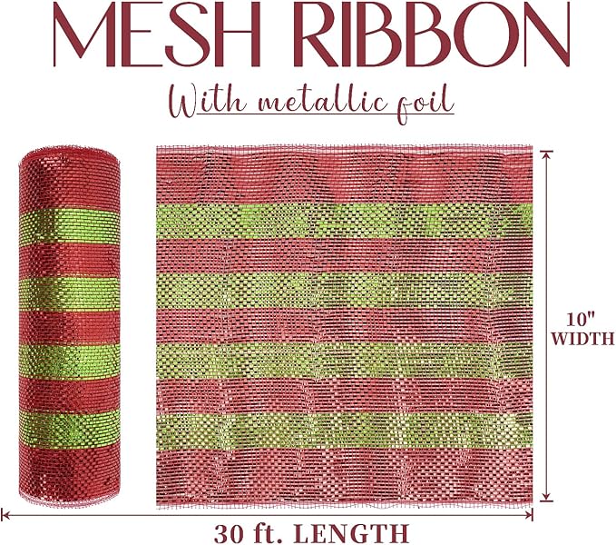 MEEDEE Red and Lime Deco Mesh 10 Inch Deluxe Foil Metallic Striped Deco Mesh Wreath Supplies Red and Green Christmas Mesh Ribbon for Christmas Tree, Garland, Gift Wrapping, Bows Making (30 Feet)