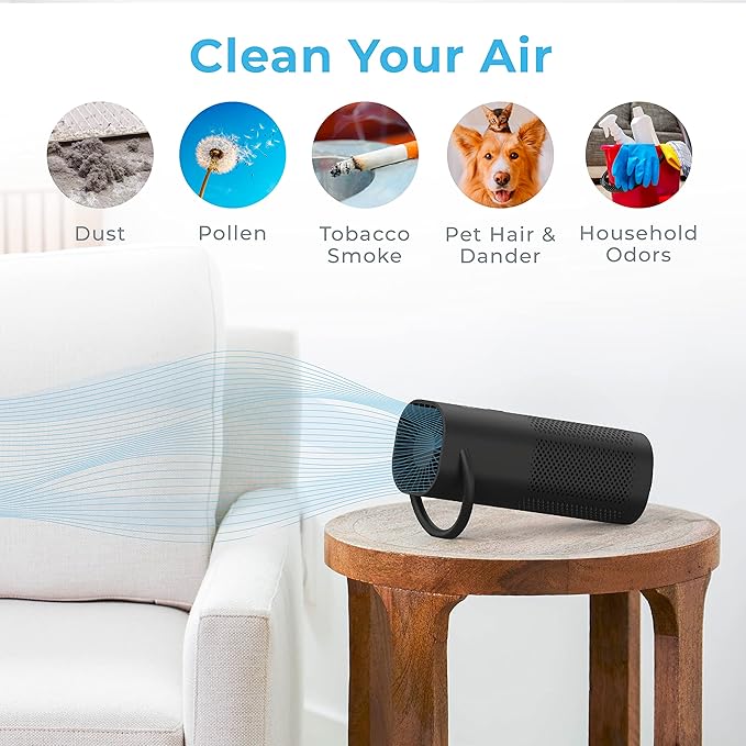 Pure Enrichment PureZone Mini Portable Air Purifier - Cordless True HEPA Filter Cleans Air & Eliminates 99.97% of Dust, Odors, & Allergens Close to You - Cars, School, & Office (Black)