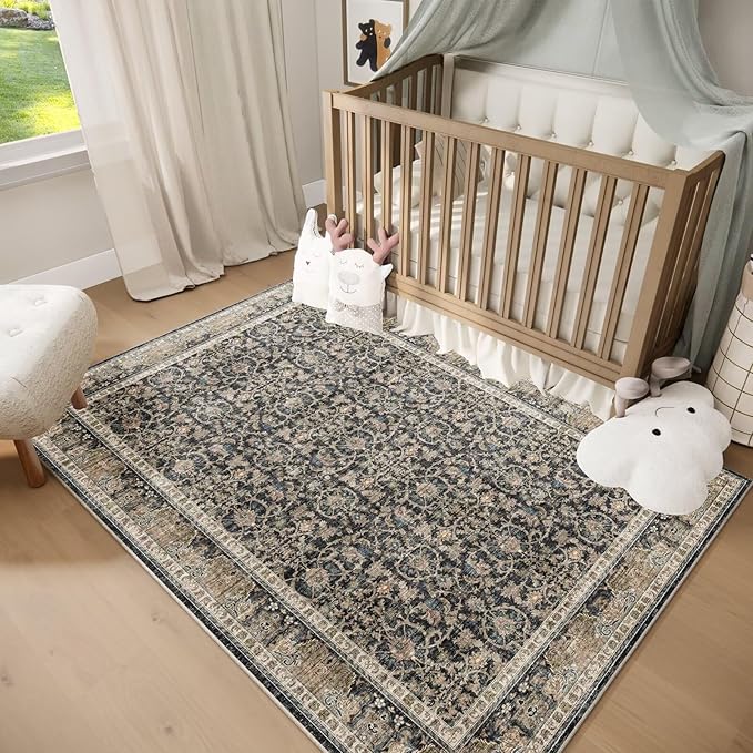 Washable 4x6 Rugs for Living Room, Boho Non-Slip Silicone Backing Small Rugs for Bedroom Nursery Office, 0.3" Neutral Oriental Throw Carpet with 0.16" Cushioning Pad, Black/Multi