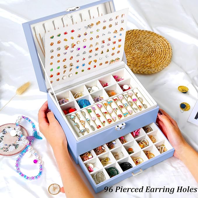 Earrings Jewelry Box for Girls, 5 Layers Jewelry Organizer with Earring Holder Organizer for Girls Earring Organizer Jewelry Boxes for Women Earrings and Necklaces Jewelry Box Organizer Blue