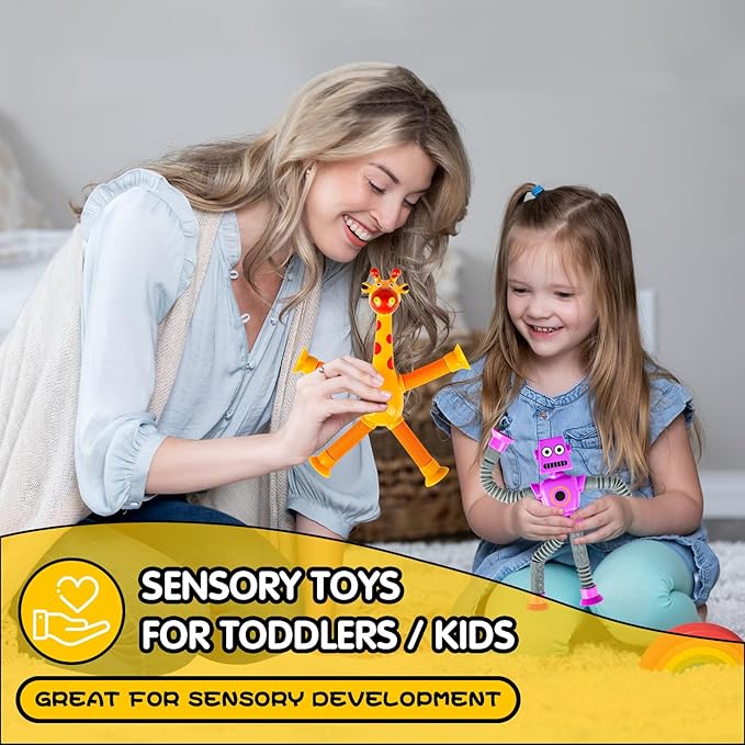 Robot Sensory Travel Toys 4Pcs for Toddlers Kid Boy Year Old Ages 3 4 5 6 7 8 9, Airplane Activities Suction Autism Pop Tube Fidget Toys Autistic Stocking Easter Basket Stuffer Valentine Gift for Kids