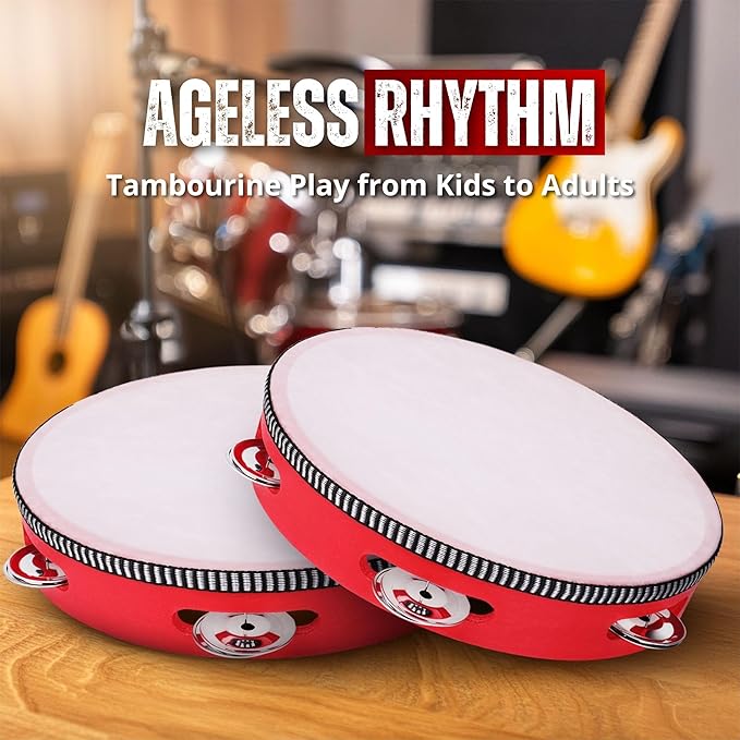 Flexzion Wood Handheld Tambourine 8" Inch Single Row 5 Pair Jingles (2 Pack, Red) - Hand Held Percussion Drum Moon Musical Tambourine with Ergonomic Handle Grip