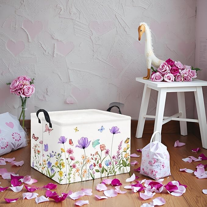 HIYAGON Rectangular Baby Girl Basket Kids Baby Storage Basket Toy Storage Bin Organizer Box Room Decor(Purple Flower)