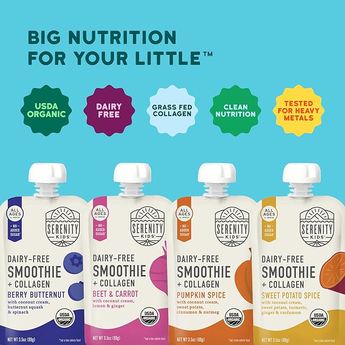 Serenity Kids 6+ Months Dairy-Free Smoothie Baby Food - USDA Organic Grass-Fed Collagen Protein - 3.5 Oz BPA-Free Pouches - Variety Pack (8 Count) - Baby Smoothie Pouch Set