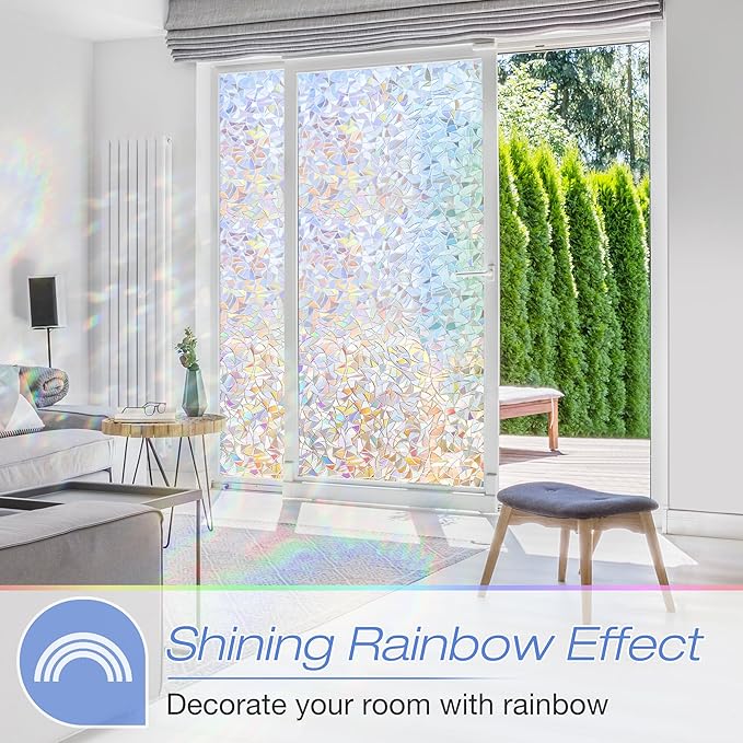 Homein Window Privacy Film, Rainbow Window Film Decorative 3D Window Clings Non Adhesive Window Tint for Home, Stained Glass Window Film for Glass, UV Blocking, 17.5 x 78.7 inches