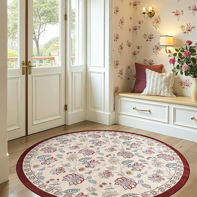jinchan 6ft Floral Round Rug for Dining Room Washable Living Room Rug Vintage Romance Design Non Slip Indoor Floor Cover Lightweight Low-Profile Throw Carpet for Bedroom Porch Patio, Red/Beige