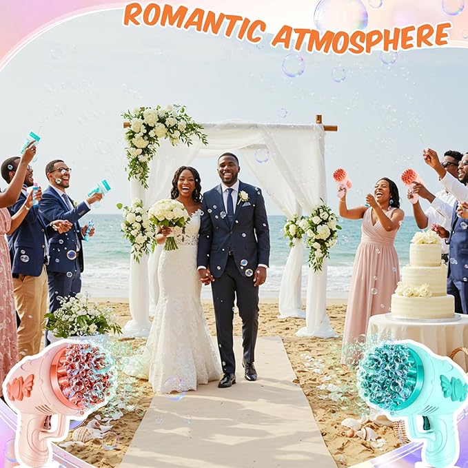 ShinyRelief 4 Pack Wedding Bubble Guns 32 Holes with Light, 4 Bottles Solution, Romantic Bubble Maker for Outdoor Ceremony, Wedding Party Favors, Photo Props, Reception Entertainment(Green and Pink)