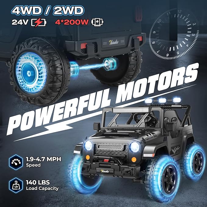 Hikole 24V 4x4 Ride on Toys for Big Kids - 4WD/2WD Switchable 2 Seater Battery Car with Remote Control, 4x200W Motors, 5 Mph Max Speed, Music, Electric Car for Boys Girls, Black