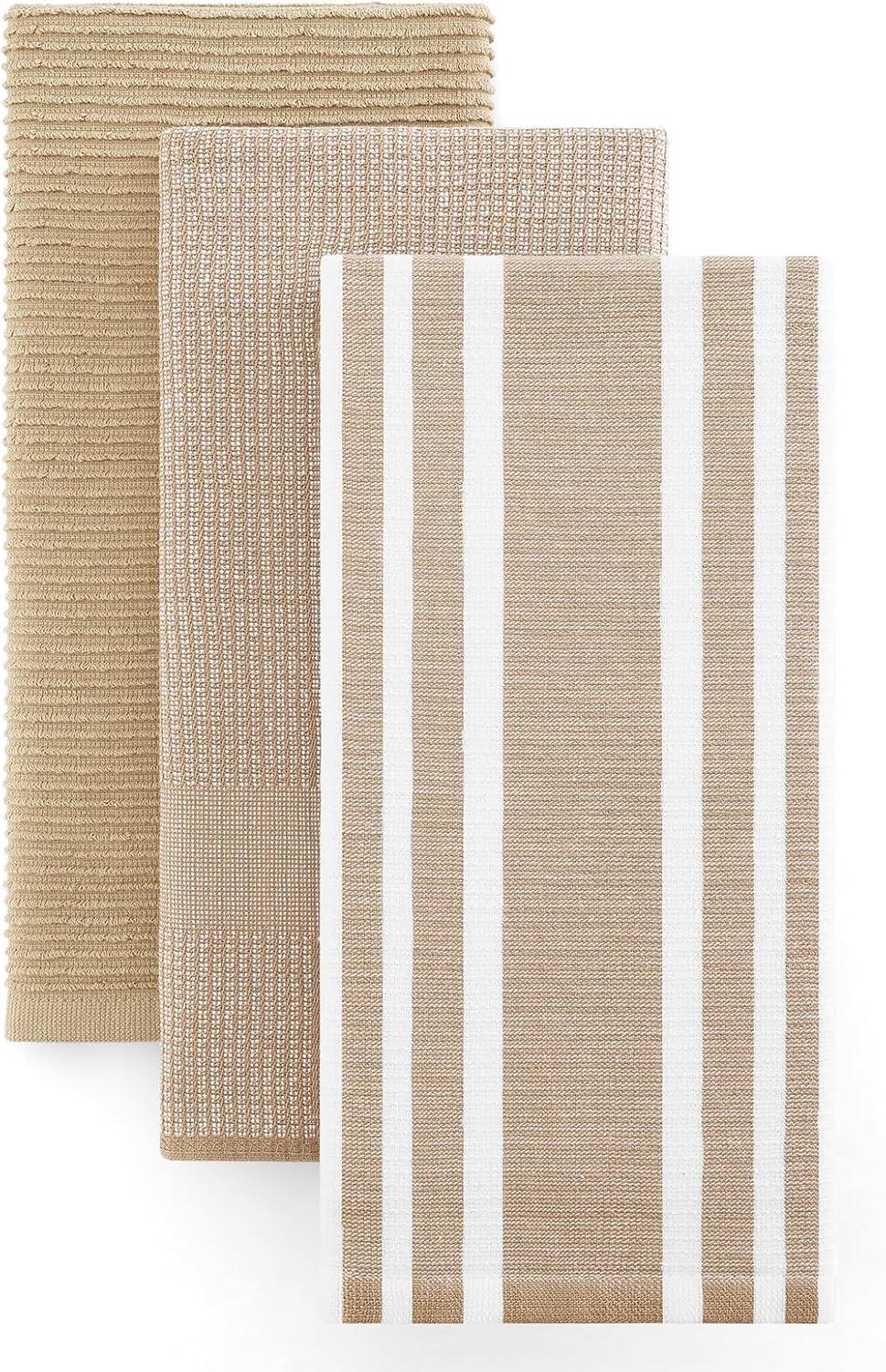 Homaxy Premium Kitchen Towels(18”x 28”, 3 Pack), Large Cotton 380 GSM Kitchen Hand Towels, Soft and Absorbent Terry Dish Towels, Multipurpose Tea Towel Set with Hanging Loop, Khaki