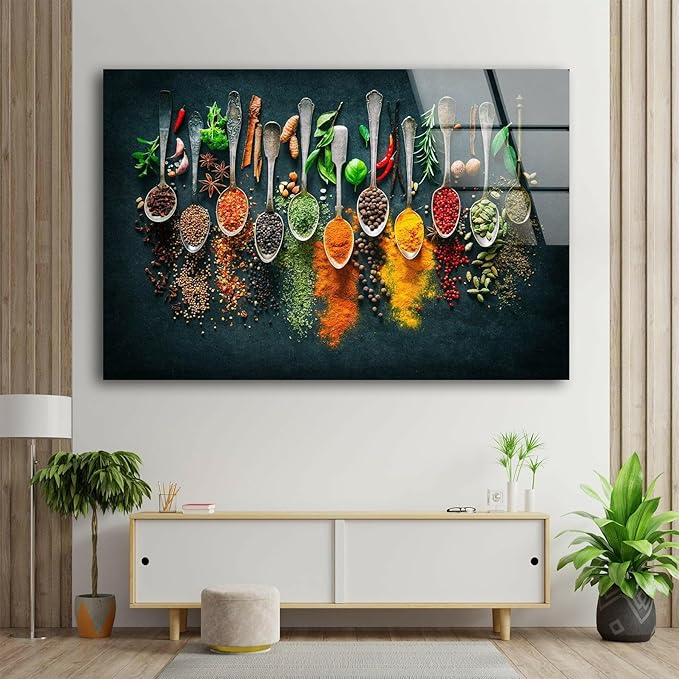 My Photostation.com 30Wx24H'' Spoon Spices Glass Wall ArtTempered Glass Printing Wall Decor Large Wall Art Wall Hangings