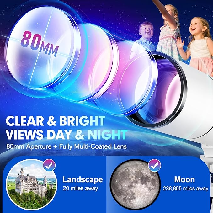 Hawkko Telescope for Adults & Kids – 80mm Aperture 500mm Telescopes for Adults Astronomy, (20X-150X) Portable Refractor Telescope Kit for Beginners with Decorate Stickers, AZ Tripod, Phone Adapter
