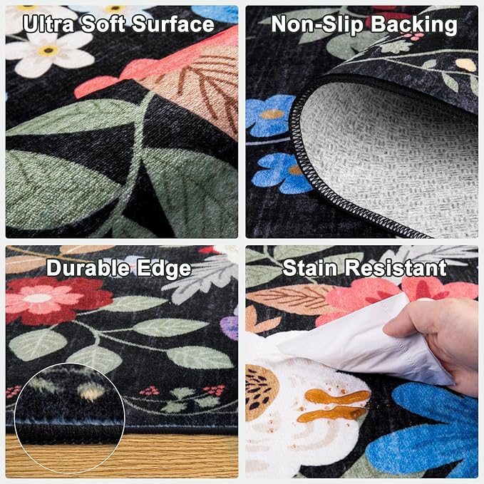 6x9 Area Rugs for Living Room: Floral Washable Rug Vintage Large Soft Boho Non-Slip Carpet Indoor Floor Stain Resistant Thin Carpets for Bedroom Dining Room Farmhouse Nursery Hallway Home Office Black
