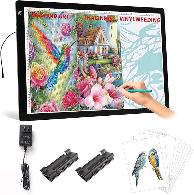 YINGWOND A2 Light Pad for Diamond Painting with Fixed Charging Cord, 3 Levels of Brightness, Big Paper Clamps and 12V Adapter, Uniformly Illuminated Light Board for Tracing Drawing and Weeding Vinyl